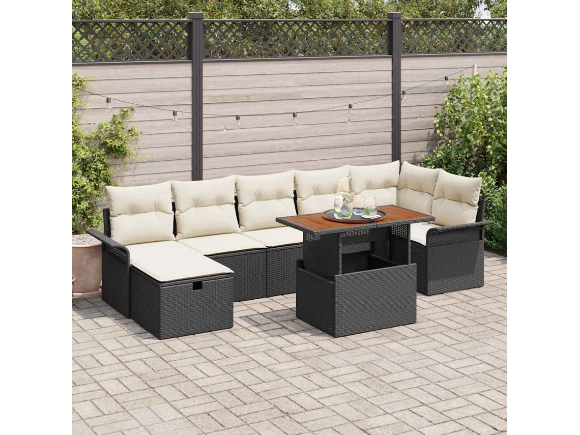 Vidaxl Conjunto De Sofá De Jardim Com Almofada 8 Pcs Preto Vime Pe