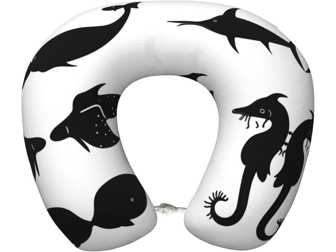 Travesseiro de Viag em Espuma Viscoelástica com Estampa Peixes Preto e Branco Suporte Confortável Formato U
