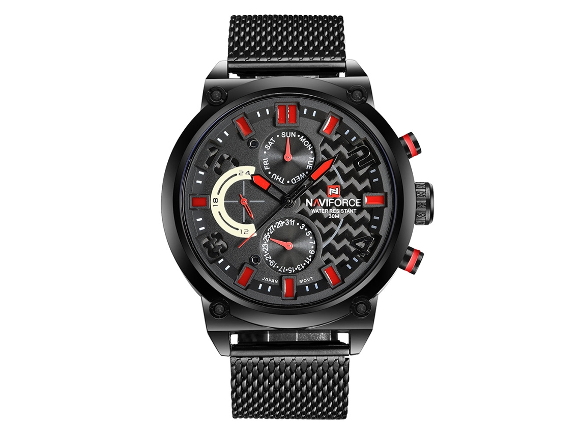 Relógio masculino Naviforce, pulseira de malha, calendário, movimento de quartzo, resistente à água, vermelho
