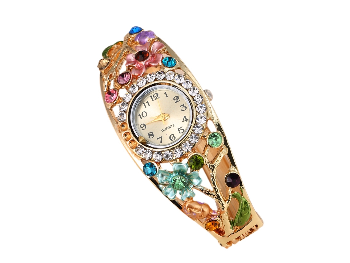 Relógio de Pulso Bangle Feminino de Quartzo com Strass e Padrão Floral em Liga