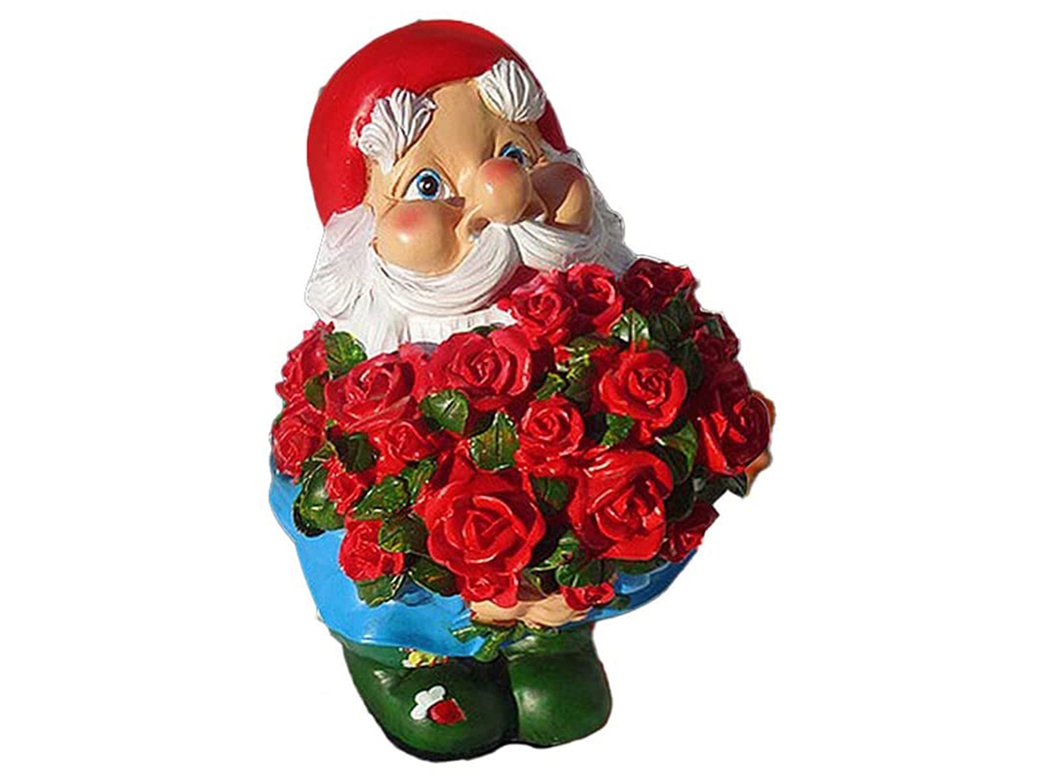 Decoração de Jardim com Gnomo segurando Rosa de Resina LAXISCREED