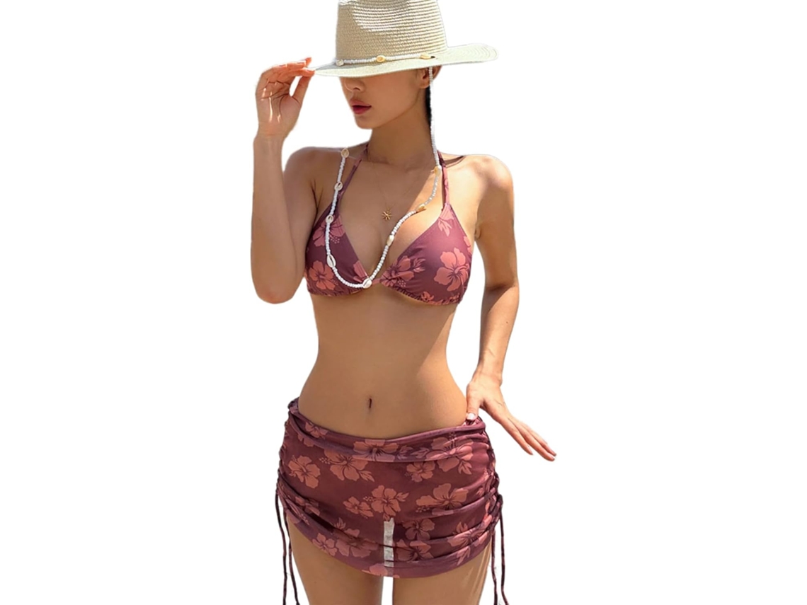 Maiô Feminino de Duas Peças com Estampa Floral Saia de Praia Triangular SFUSHOS