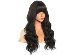Peruca SFUSHOS encaracolada com ondas grandes, cabeça inteira, preta natural, 64 cm