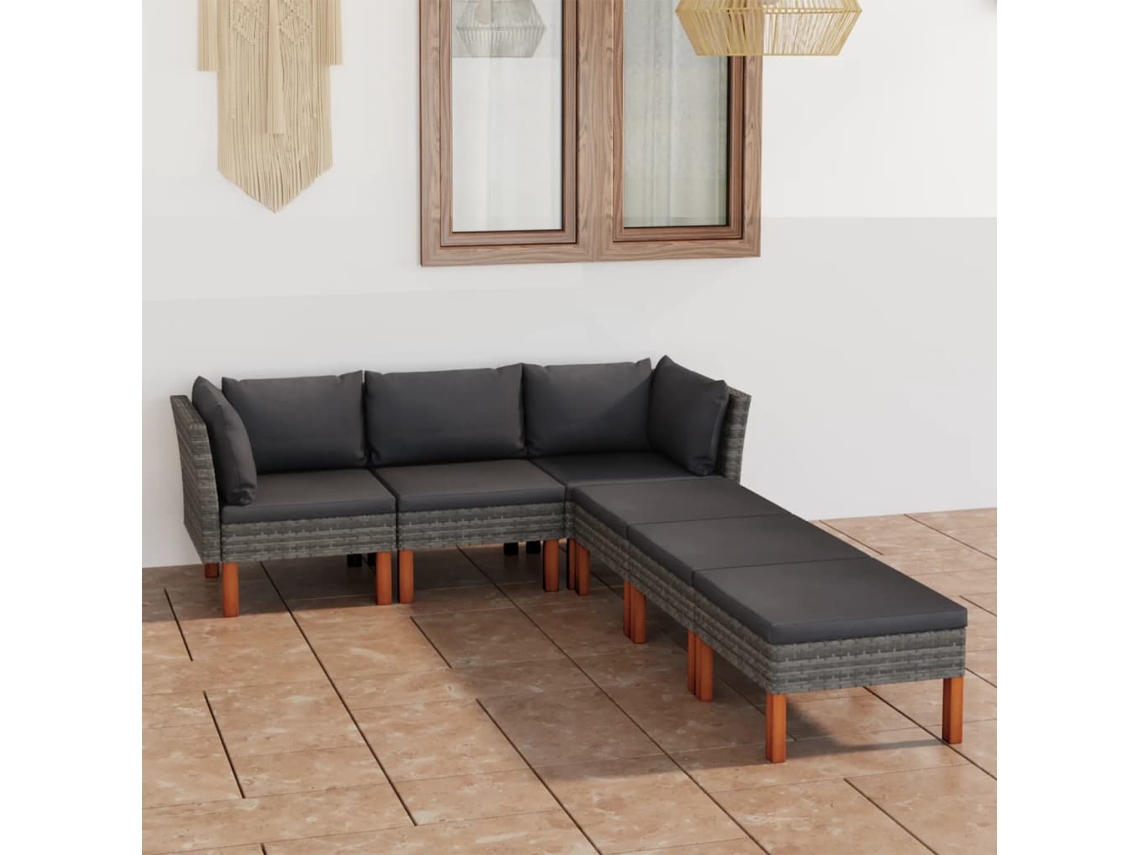 Vidaxl 6 Pcs Conjunto Lounge De Jardim C/ Almofadões Vime Pe Cinzento