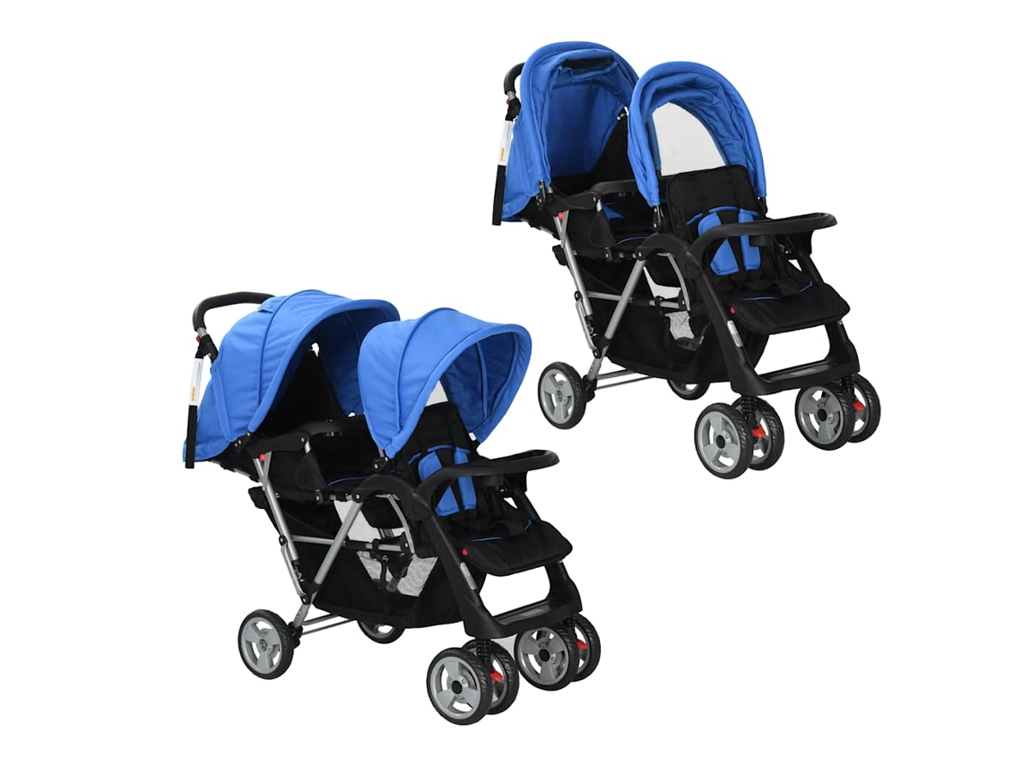 vidaXL Carrinho de bebé paralelo em aço, azul e preto