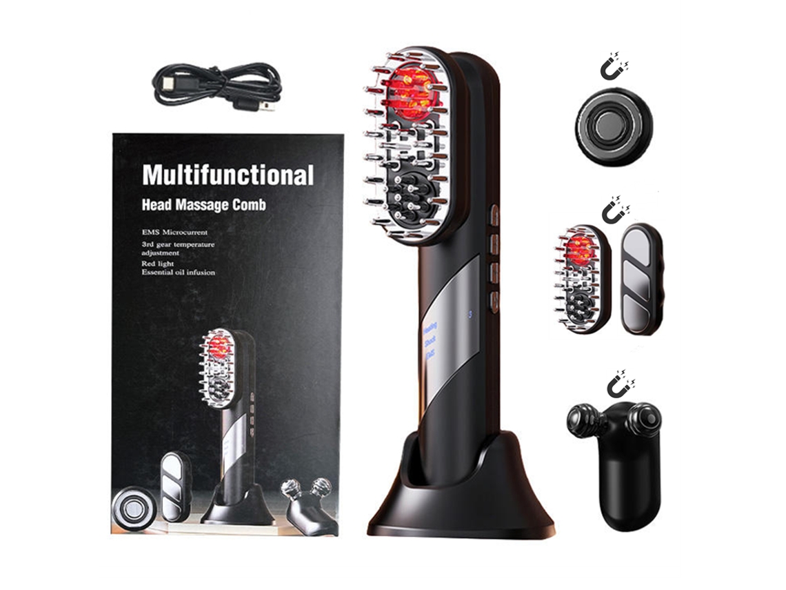 Pente De Massagem Elétrico Para Couro Cabeludo Luz Vermelha Ems Aquecer 4 Em 1 Ohpa Wn-06 Preto