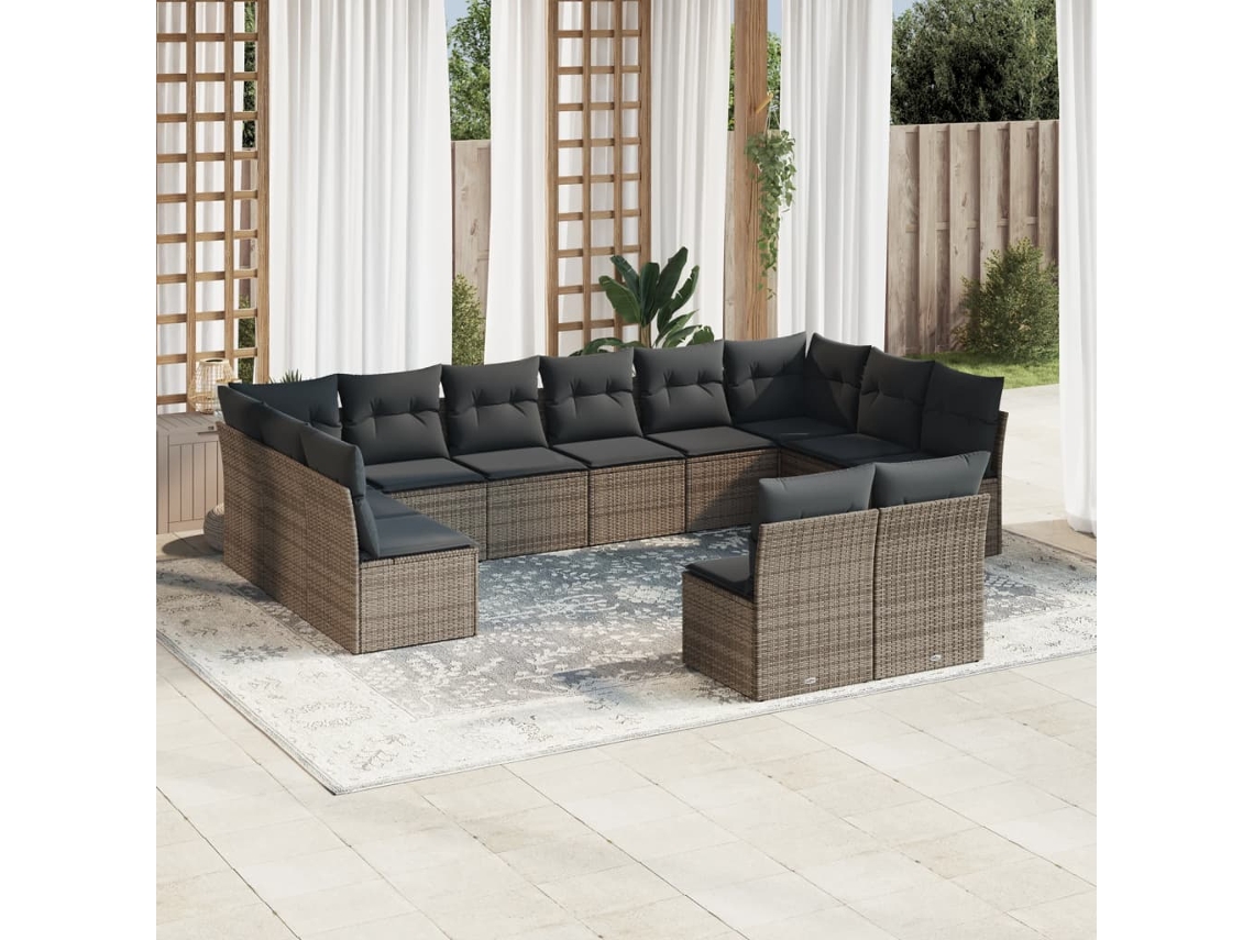 Vidaxl 12 Pcs Conjunto De Sofás Jardim C/ Almofadões Vime Pe Cinzento
