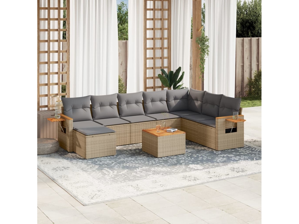 Vidaxl 9 Pcs Conjunto De Sofás P/ Jardim Com Almofadões Vime Pe Bege