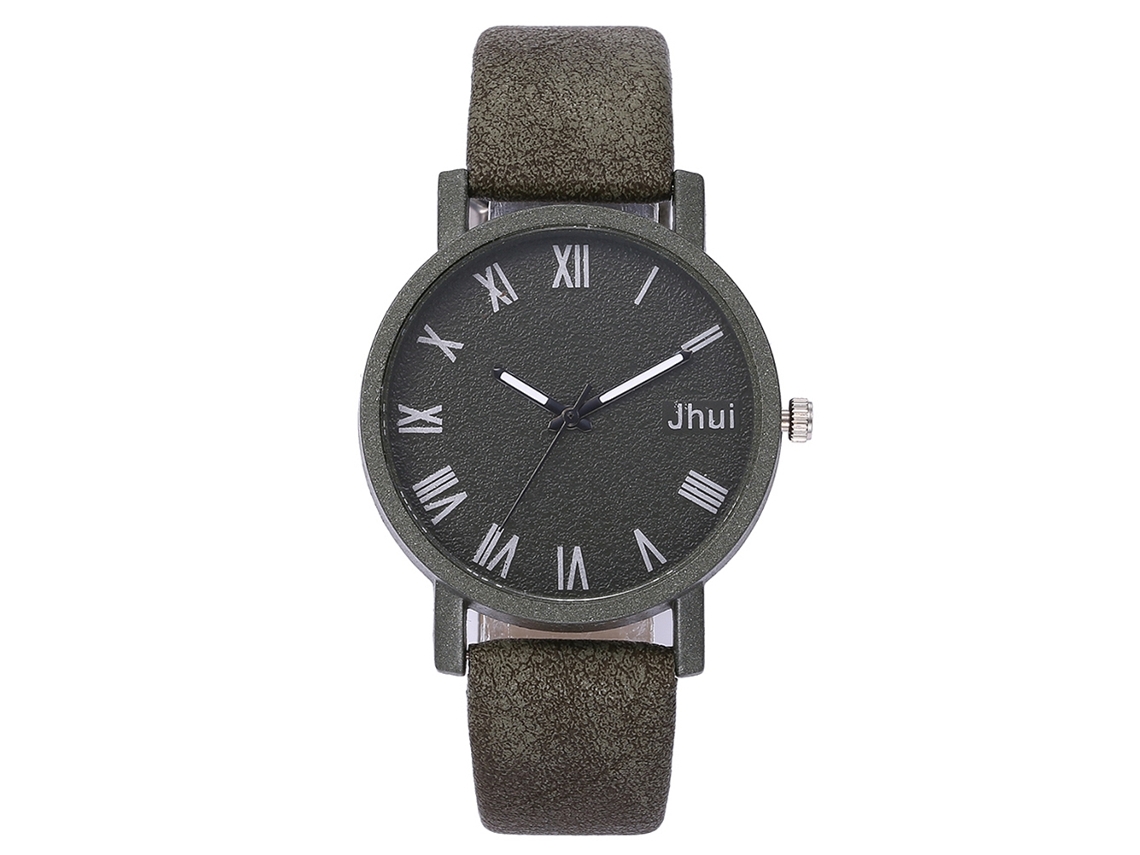 Relógio de quartzo com pulseira de couro PU, mostrador com numerais romanos, unissex, verde.