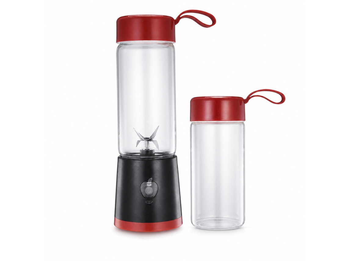 Liquidificador Portátil Elétrico Usb Para Frutas E Legumes, Copo De Vidro, Vermelho E Preto, 2 Copos