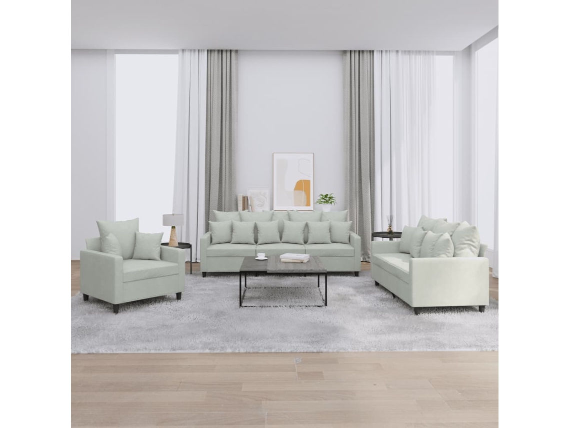 Vidaxl 3 Pcs Conjunto De Sofás Com Almofadões Veludo Cinzento-claro