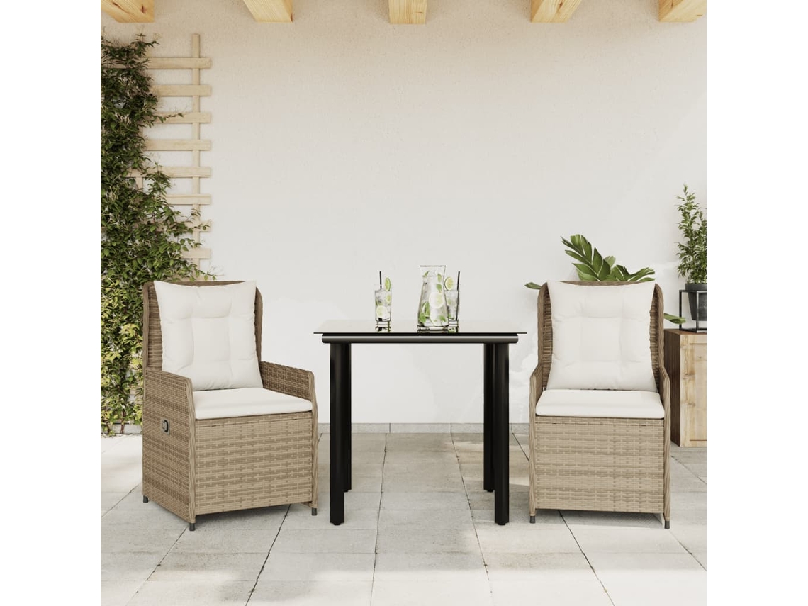 Vidaxl 3 Pcs Conjunto De Jantar P/ Jardim Com Almofadões Vime Pe Bege