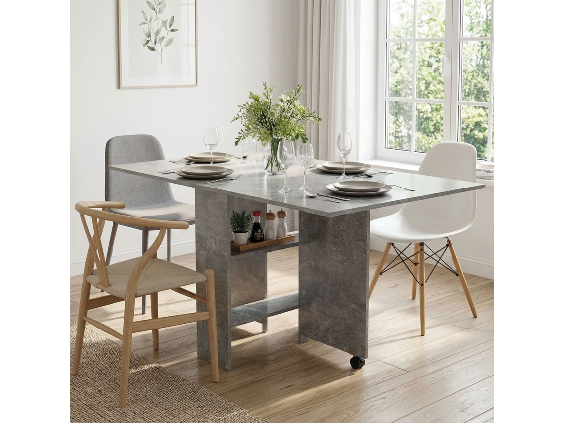 Mesa De Jantar Dobrável Com Prateleiras, Aba E Rodas, Cinza Concreto