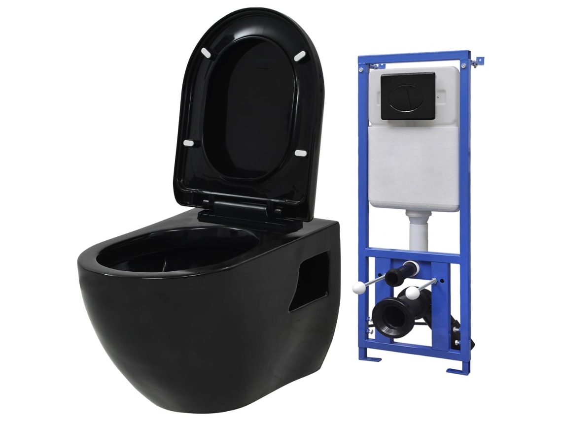 Vidaxl Sanita De Pendurar Na Parede Com Cisterna Oculta Cerâmica Preto