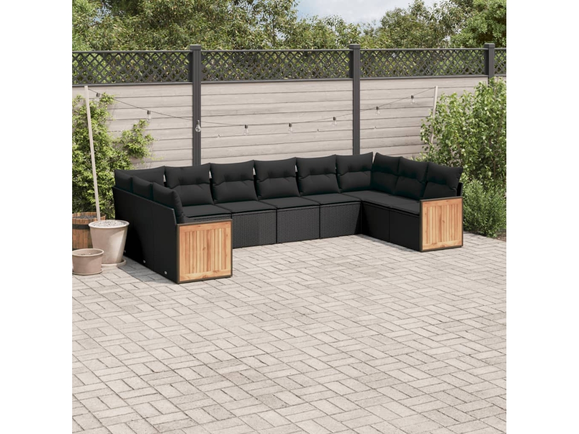 Vidaxl 10 Pcs Conjunto Sofás de Jardim C/ Almofadões Vime Pe Preto