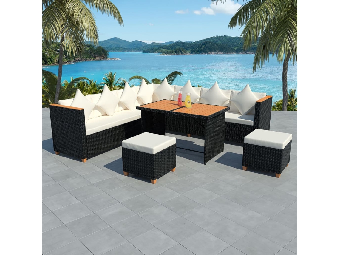 Vidaxl 7 Pcs Conjunto Lounge De Jardim C/ Almofadões Vime Pe Preto