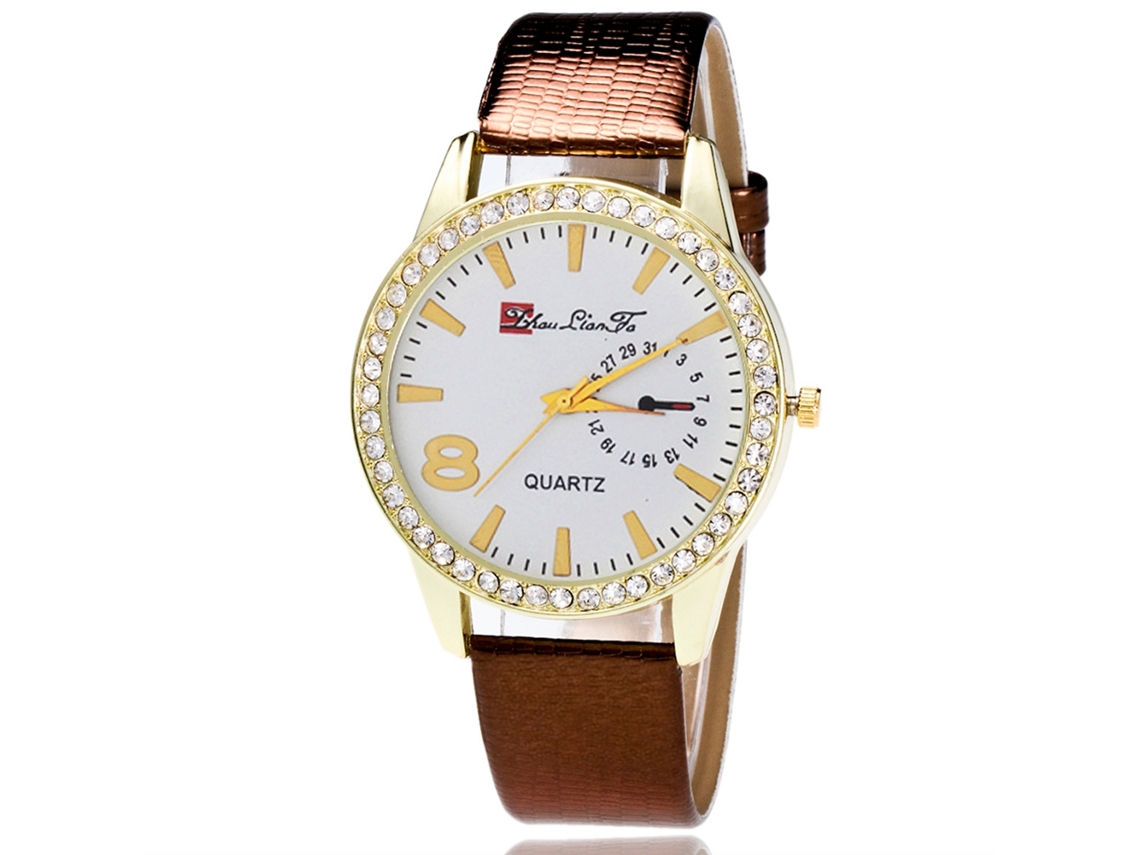 Relógio de pulso feminino de luxo Zhoulianfa com strass, mostrador analógico de quartzo, pulseira de PU, cor café.
