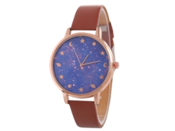 Relógio de Pulso Feminino Quartzo com Pulseira de Couro Café Esfera Céu Estrelado Roxo