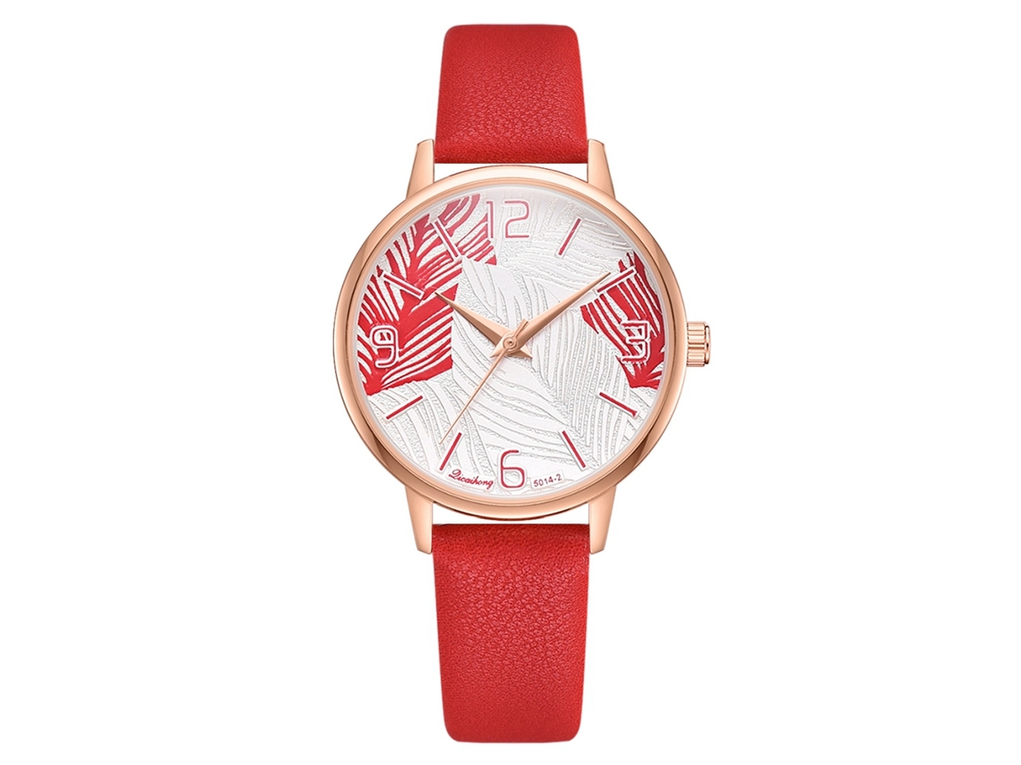 Relógio de Pulso Feminino de Quartzo com Design de Folha em Couro Pu Vermelho