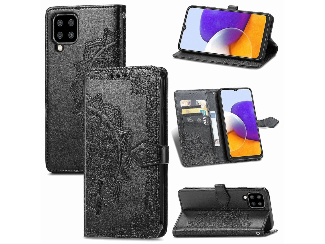 Capa De Couro Com Aba Horizontal, Padrão Mandala Em Relevo, Para Samsung Galaxy A22 4g, Com Suporte, Compartimentos Para Cartões, Carteira E Cordão.