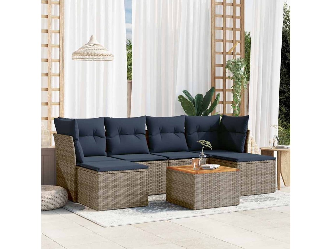 Vidaxl Conjunto De Sofá De Jardim Com 7 Peças E Almofadas Em Rattan Sintético Cinza
