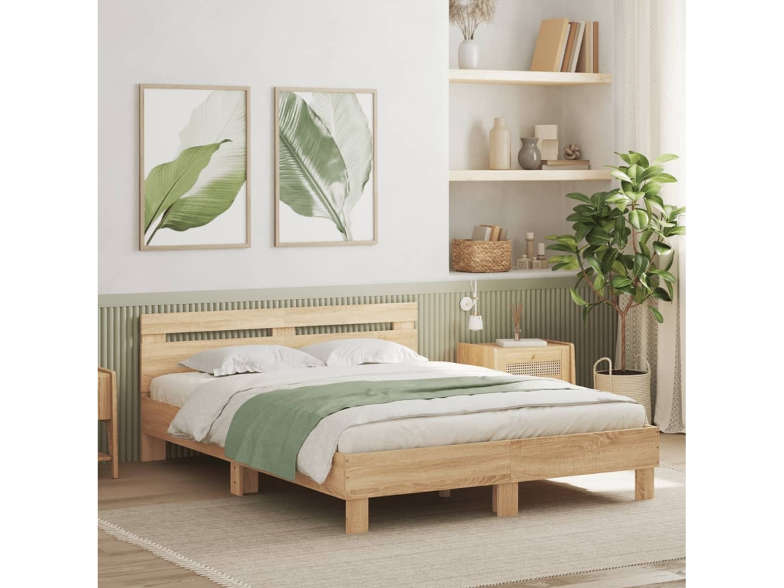 Vidaxl Estrutura Cama C/ Cabeceira/luzes Led 150x200cm Carvalho Sonoma