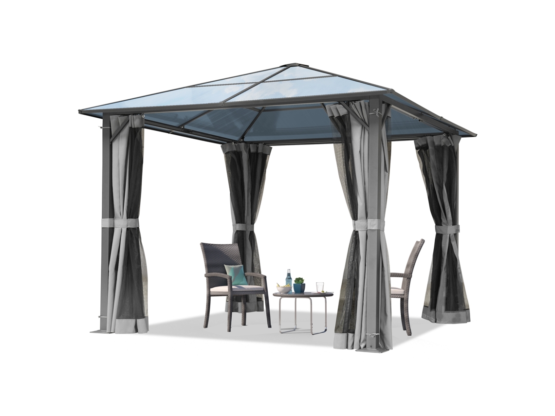Pavilhão De Jardim 3x3 M Com Cobertura Em Policarbonato De Aprox. 6 Mm Com Cortinas E Redes Mosquiteiras Em Cinzento Toolport