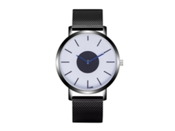 Relógio de pulso masculino ultrafino em aço com pulseira de malha preta.