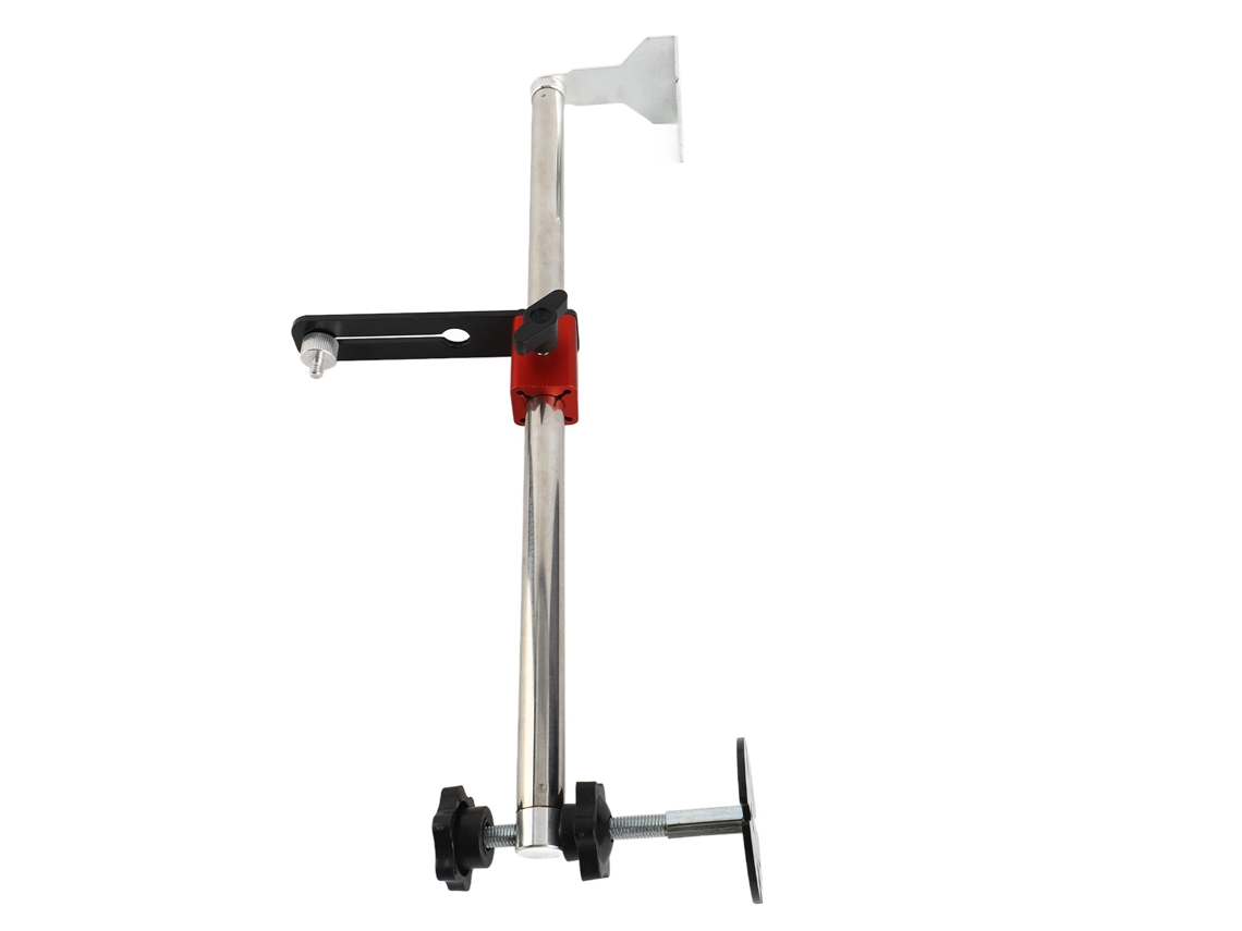 Suporte universal ajustável para nível a laser, montagem em poste redondo, ideal para trabalhos em madeira.