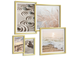 Pinturas Murais Modernas Composição Zen Tranquila, Flores E Água Moldura Dourada Imagens Para Um Quarto Infantil Espelharte (conjunto De 5 Imagens)