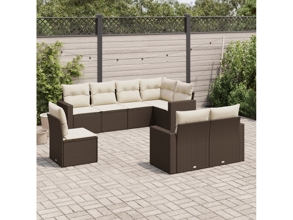 Vidaxl 8 Pcs Conjunto Sofás De Jardim C/ Almofadões Vime Pe Castanho