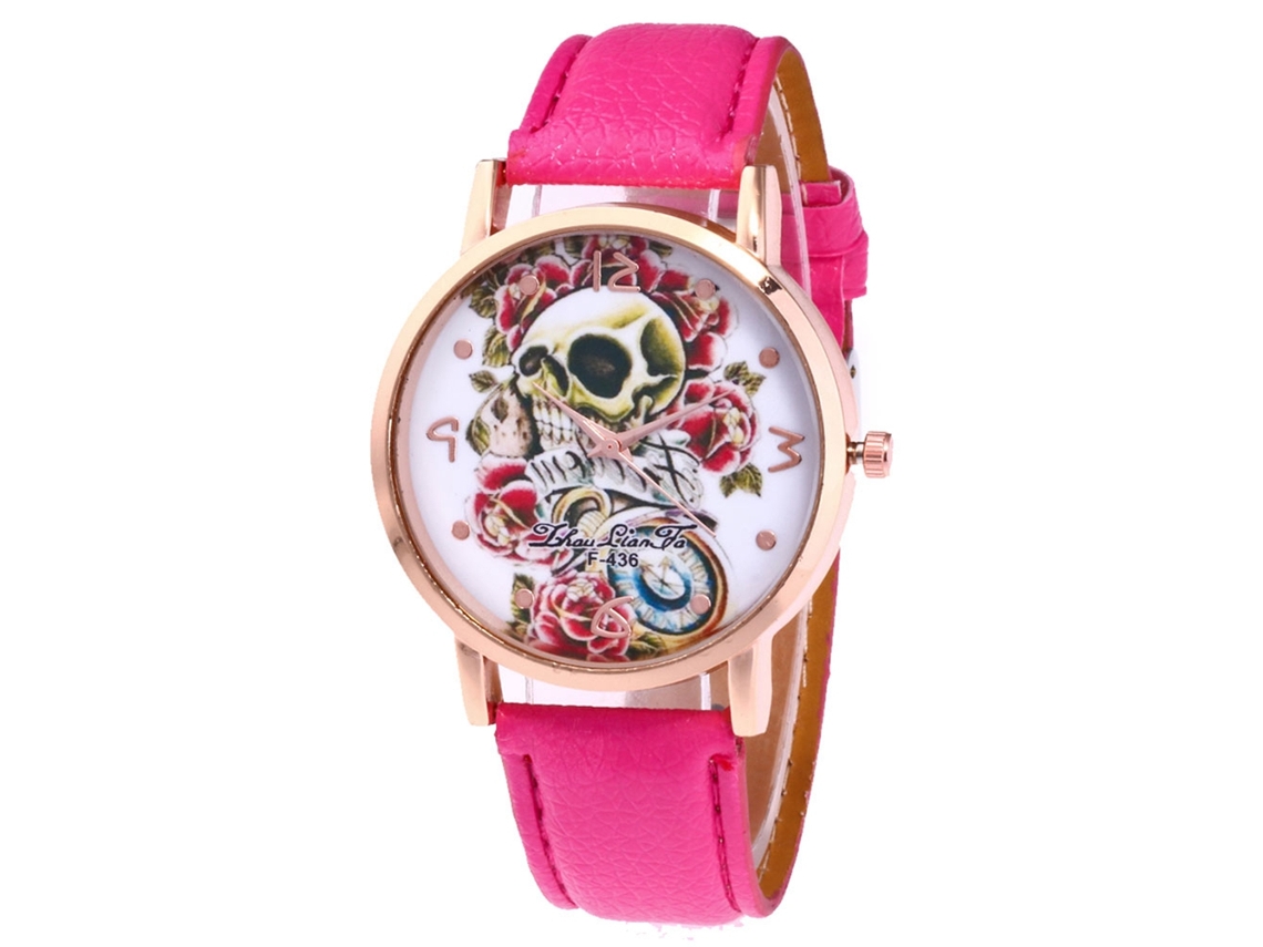 Relógio de casal Zhoulianfa com estampa de caveira e pulseira de couro rosa e vermelho F-436
