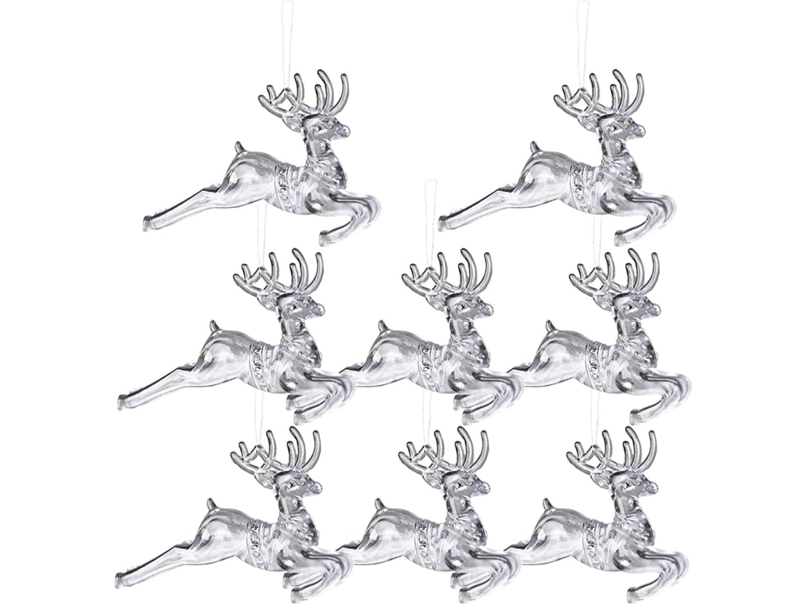 Conjunto 8 Pingentes Acrílico Prateado Leves Duráveis Decoração Árvore Natal Porta Entrada Alce GOKOCO