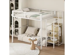 Beliche 140x200 Cm Com Escada, Cama Infantil De Ferro Com Prateleiras E Guarda-roupa Branco.