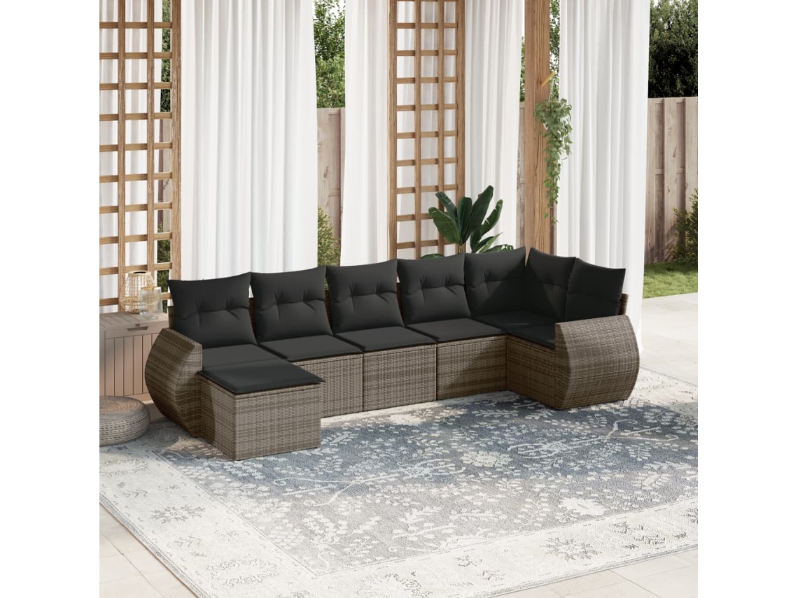 Vidaxl 7 Pcs Conjunto Sofás P/ Jardim C/ Almofadões Vime Pe Cinzento