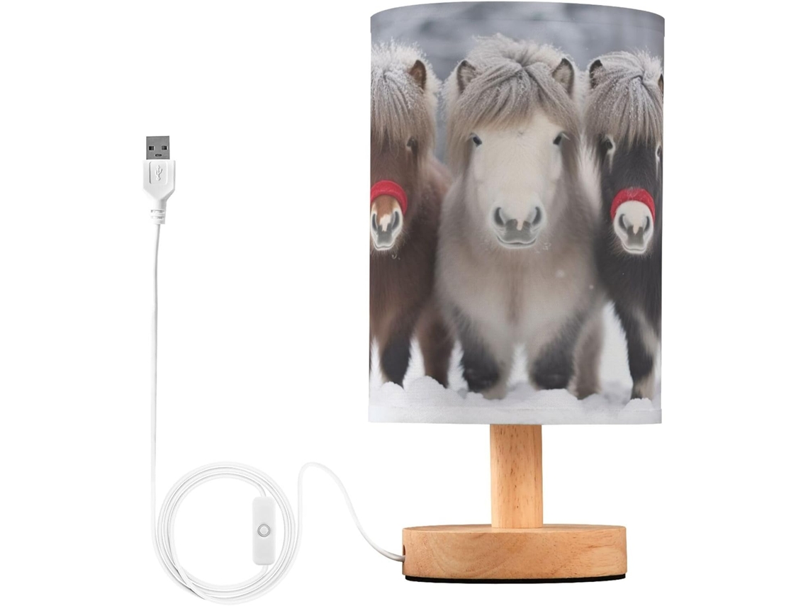 Abajur De Cabeceira Led Com Três Cavalos E Gorros Papai Noel, Ideal Para Quarto, Leitura Com Cúpula De Tecido, Base De