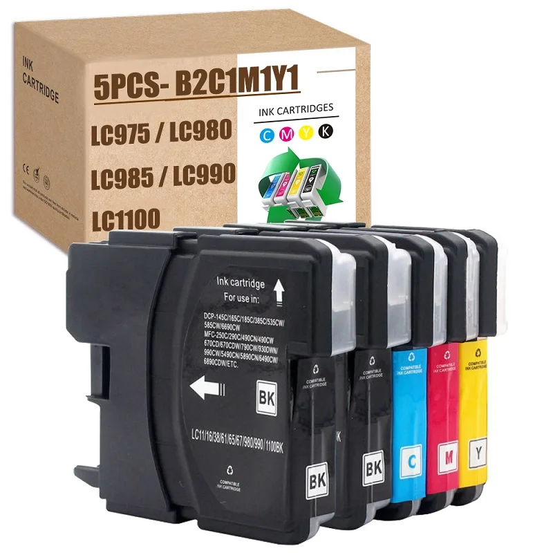 5 Unidades (bk2c1m1y1) para Brother Lc1100 Lc980 Lc985 Lc990 Para Mfc-250c 255cw 790cw 6490cw Dcp-165c 167c 185c 195c Dcp-365cn 373cw