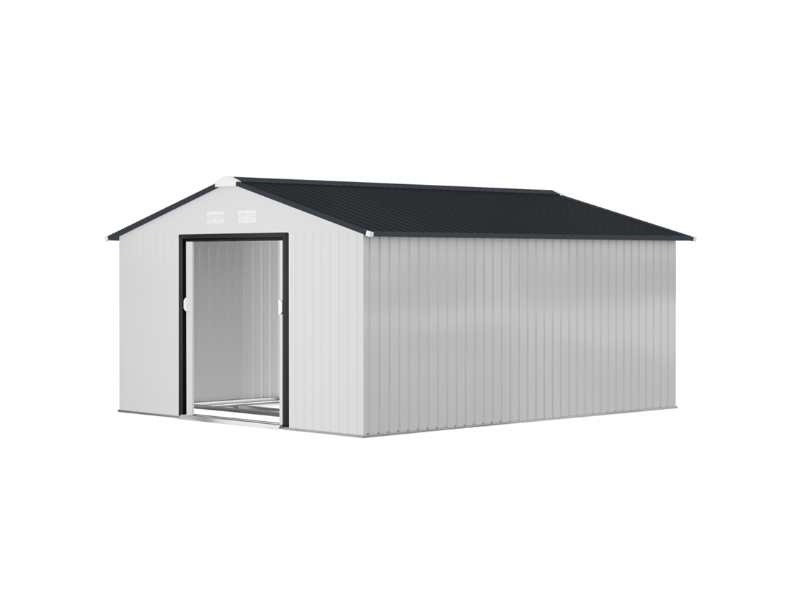 Galpão de Jardim 12,4 M² S/MARCA (340x386x200 cm, porta de correr, telhado inclinado, 4 janelas, branco)