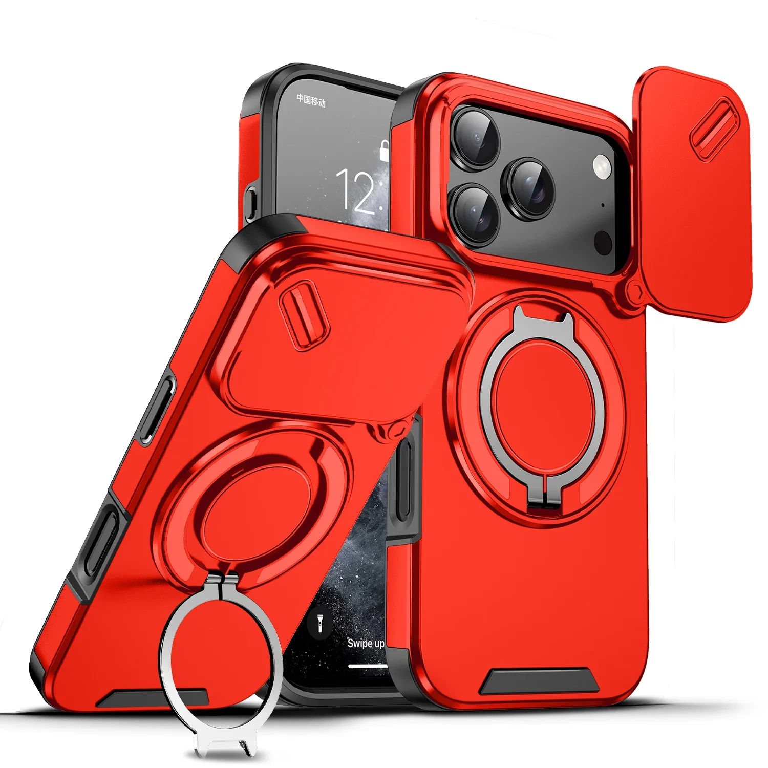 (vermelho, Iphone 14 Pro Max) Capa Magnética Resistente Com Suporte De Anel 360° E Tampa Deslizante Para Câmera