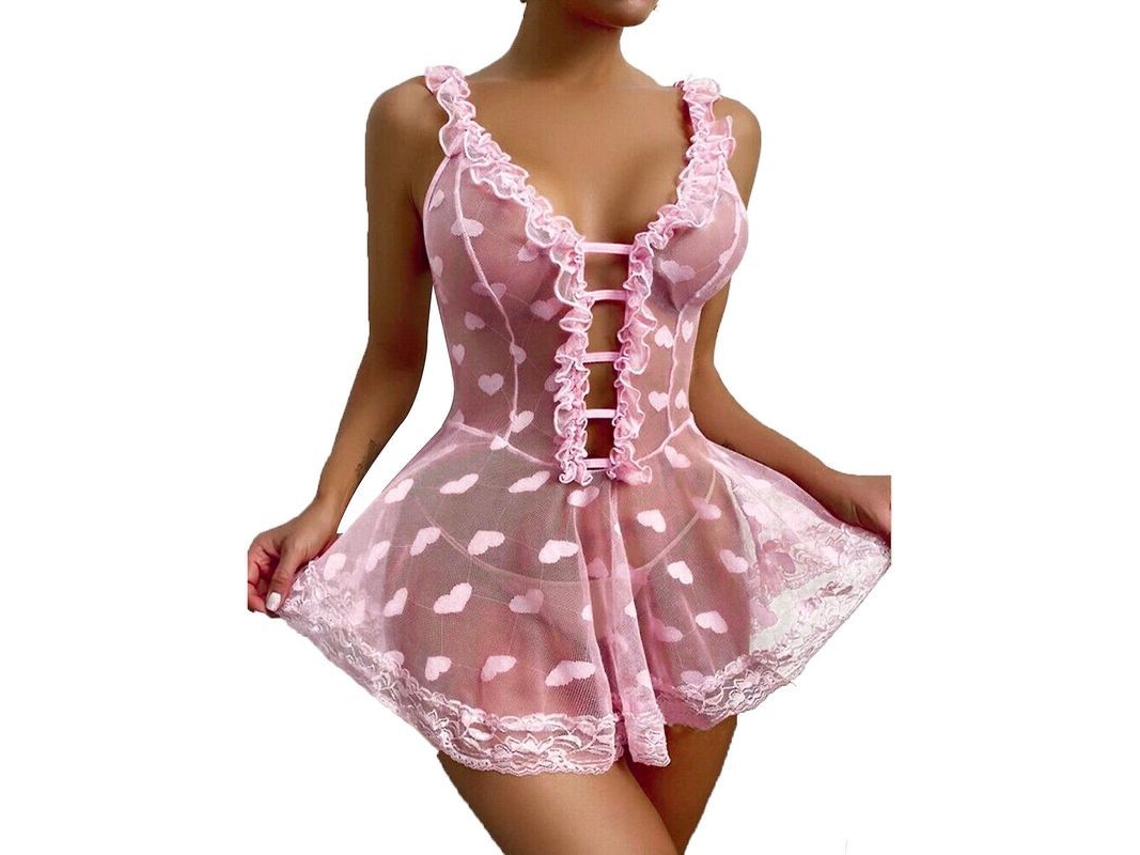 Lingerie Sexy Para Mulher Babydoll De Calcinha Transparente Com Tanga Roupa De Noite Rosa Claro Tamanho Xl Xl Rosa Claro