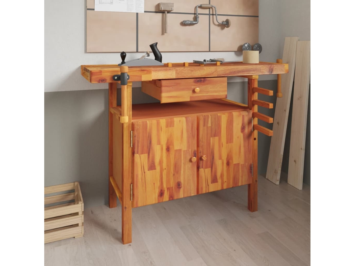 Vidaxl Bancada De Trabalho Com Gaveta E Torno 124x52x83 Cm Madeira Maciça Acácia