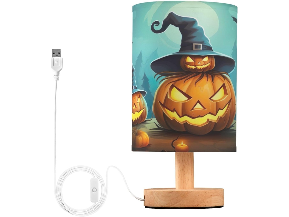 Luminária De Cabeceira Skyshu Em Formato Abóbora Halloween, Pequena Luminária De Mesa Led Usb Com Base Madeira