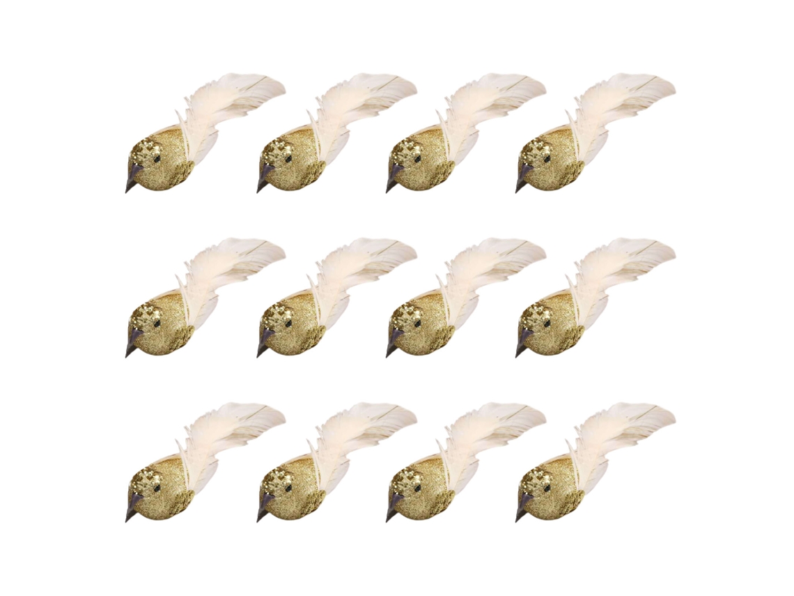 Laxiscreed Caixa Com 12 Pássaros Decorativos De Natal Em Pluma Falsa Com Pó Dourado