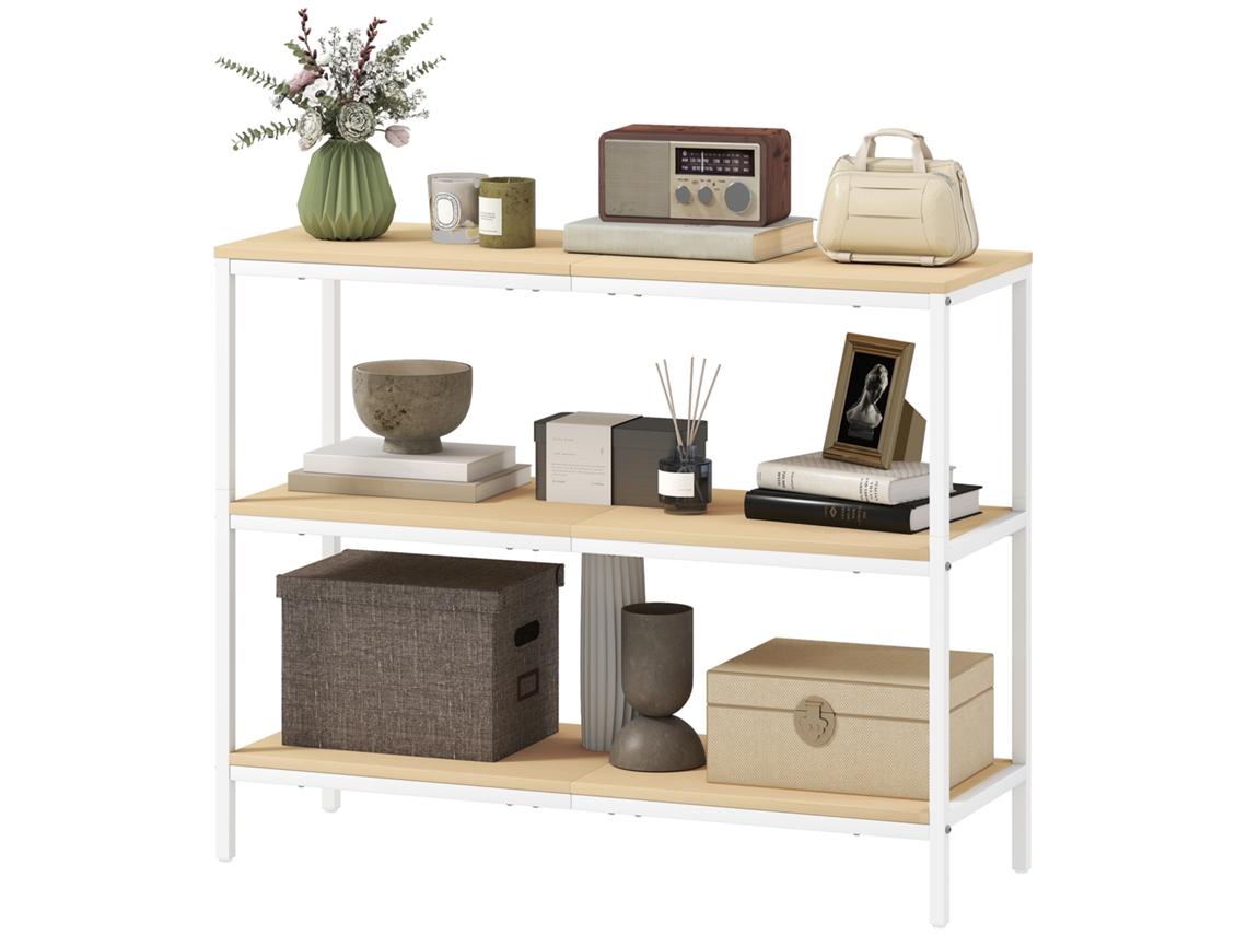 Console Corredor 3 Prateleiras, Pernas Metal, Natural e Branco