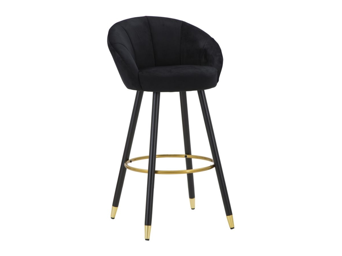 Banqueta De Bar Prague Em Veludo Preto E Madeira - 55x56x104 Cm - Pés Com Detalhes Dourados E Apoio Para Os Pés Circular, Estilo Elegante E Glamoroso.