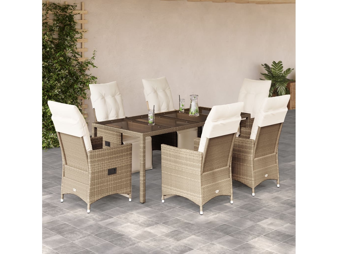 Vidaxl 7 Pcs Conjunto de Bistrô para Jardim C/ Almofadões Vime Pe Bege