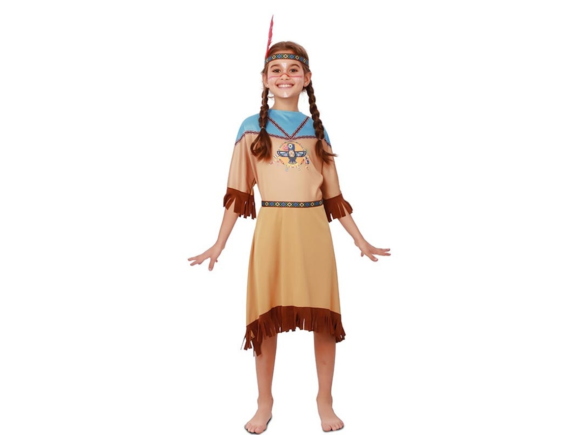 Fato de índia Apache em vestido com cocar para menina