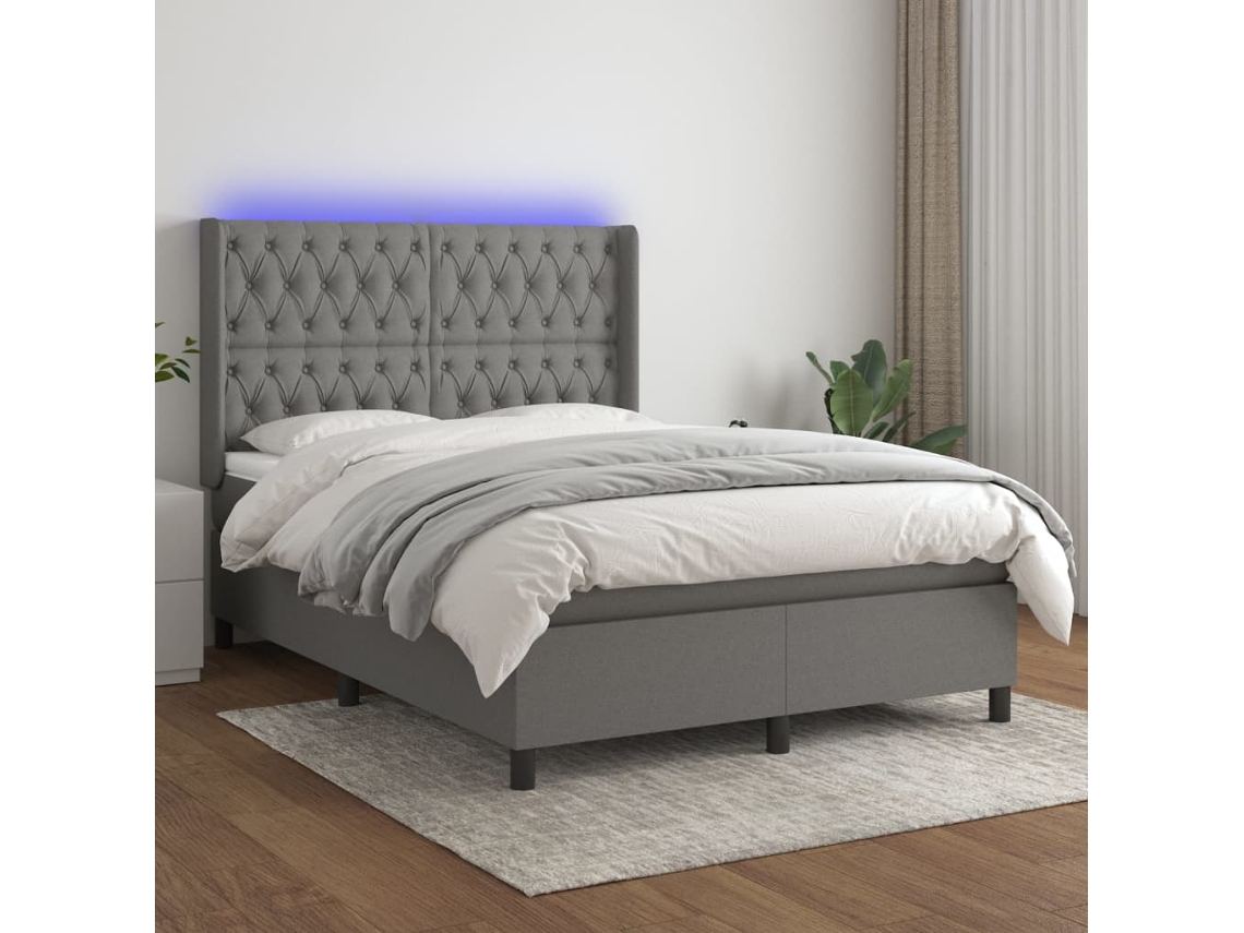 Vidaxl Cama Box Spring C/ Colchão E Led 140x200 Cm Tecido Cinza-escuro