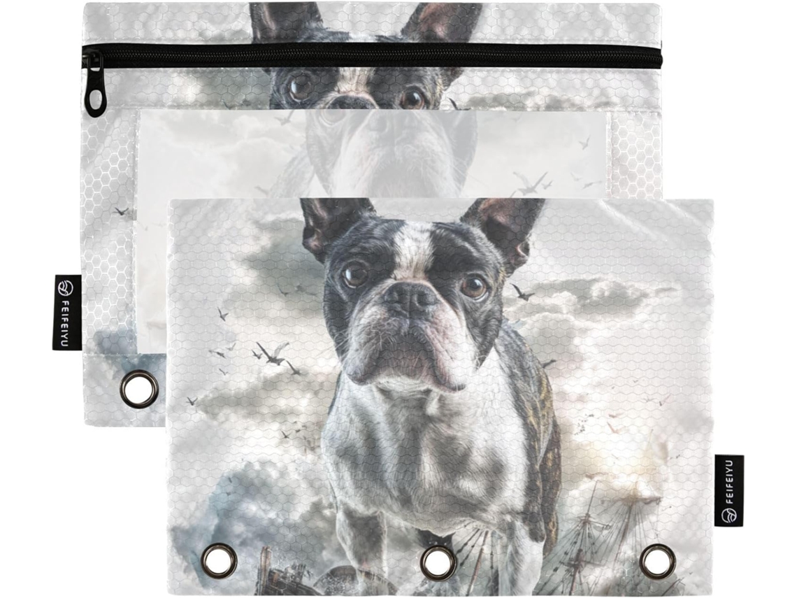 Pasta Boston Terrier Cachorro 3d, Com Janela Transparente, Bolsos Multicoloridos, 3-argolas Com Fecho Escritório