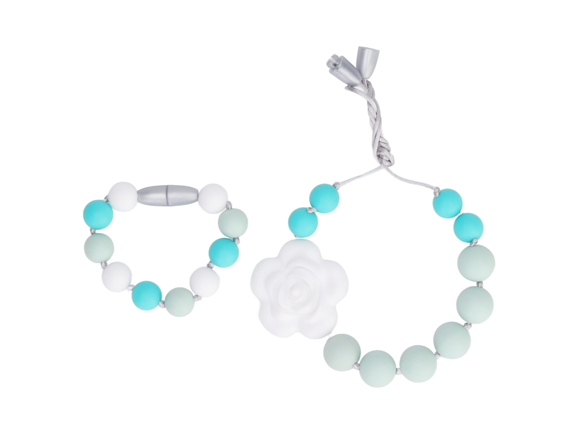 Primerox colar e Pulseira de Dentição em Silicone com Pingente de Rosa para Bebê Verde Claro